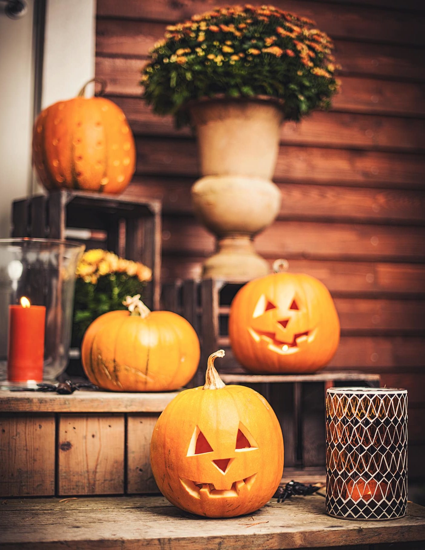 Pumpkins on front step with halloween decorations