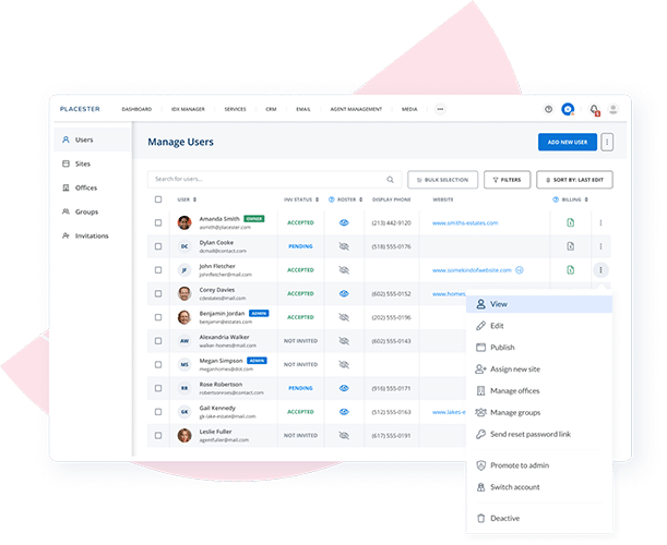 Placester manage users dashboard