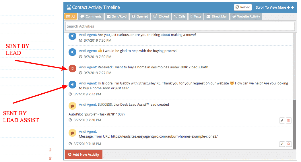 LionDesk Contact Activity Timeline